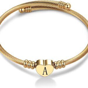 Customizable Gold Heart Initial Bracelet - Expandable Stainless Steel Charm